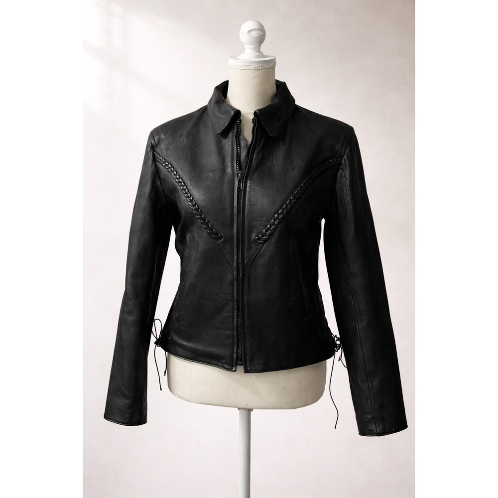 UNIK Leather Apparel Womens Black Braided Moto Biker Jacket Size M Zip Up Lace